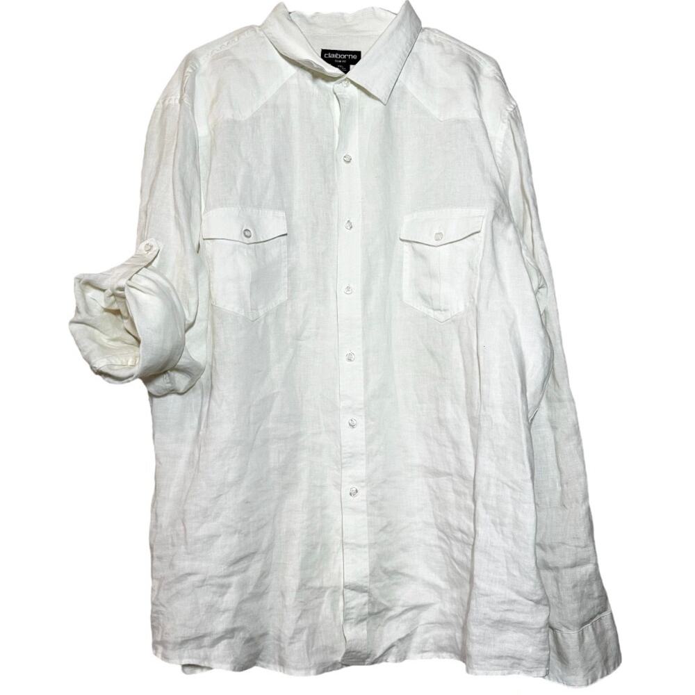 Claiborne Button Down Shirt 100% Linen Long Sleeve Slim Fit Collared White XXL